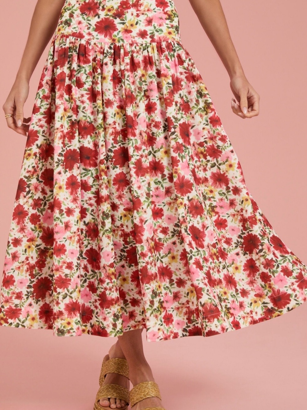 Floral Midi Skirt in Pink & Red